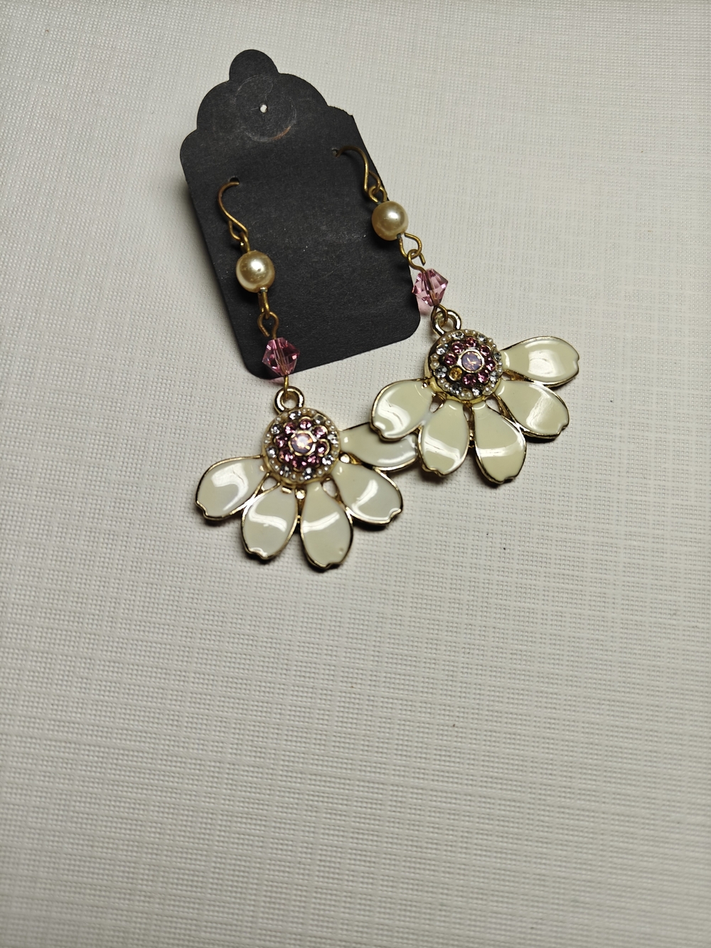 Elegant Cream Petal Drop Earrings with Pink Crystals - Handmade Jewelry NWOT
